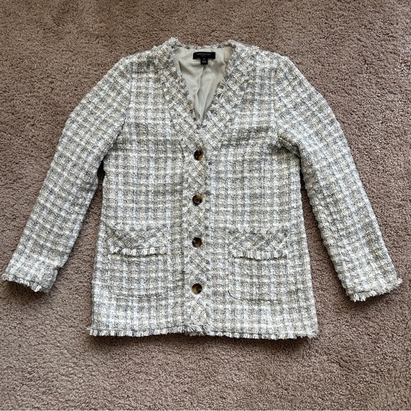 Ann Taylor Petite Fringe White Tweed Boucle Woven Cardigan Blazer Size 4P - Picture 4 of 10